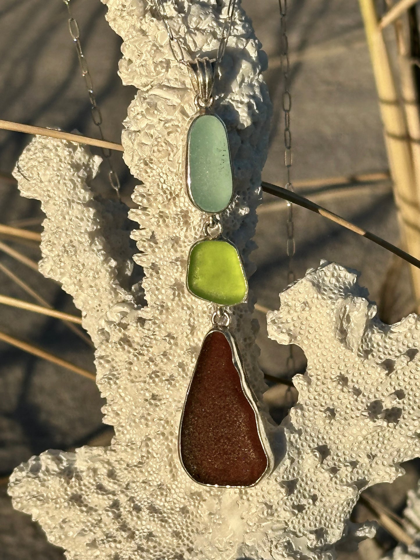 light aqua, lime, and brown sea glass pendant