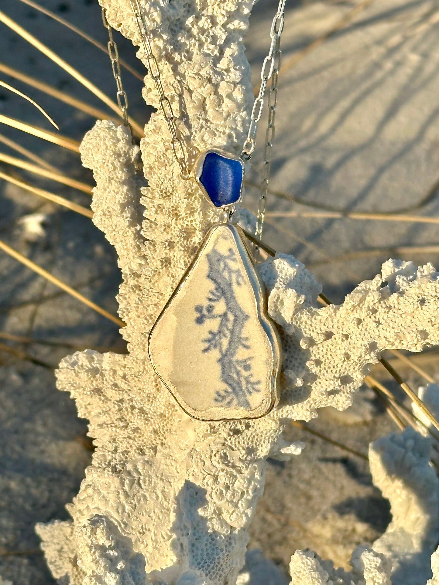 chunky sea glass and sea pottery pendant necklaces (5 choices) with 20" paperclip chain