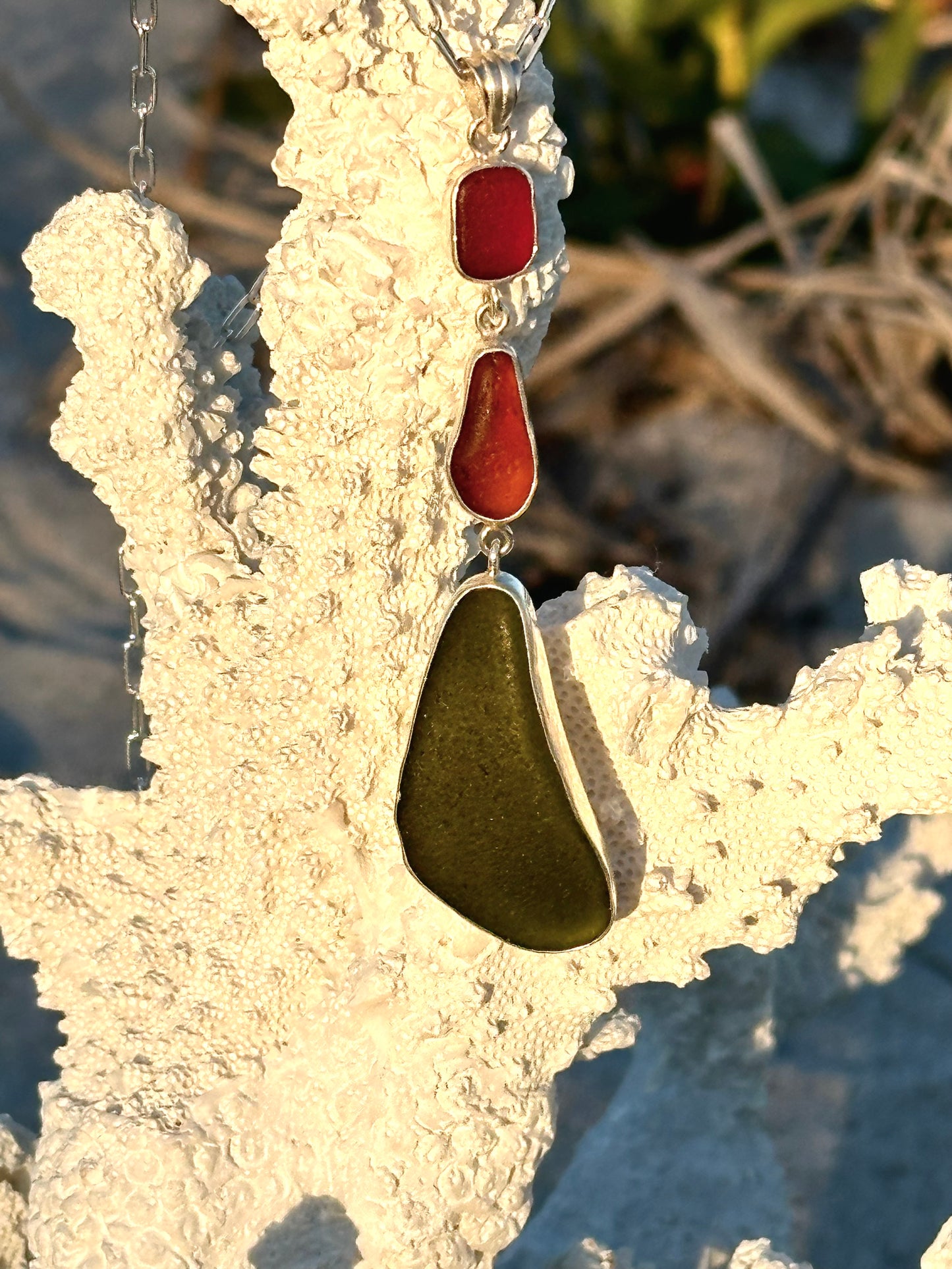 red, amber, green sea glass pendant