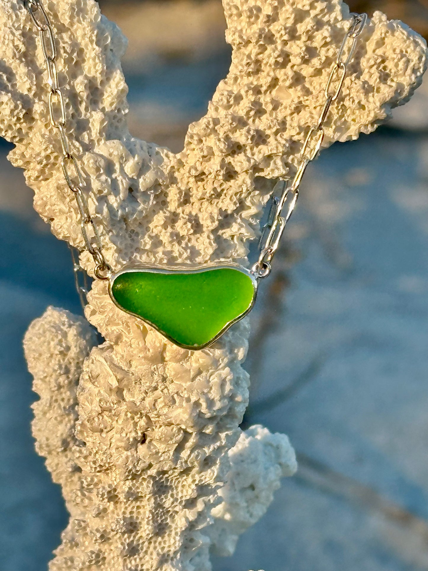 chunky sea glass and sea pottery pendant necklaces (5 choices) with 20" paperclip chain