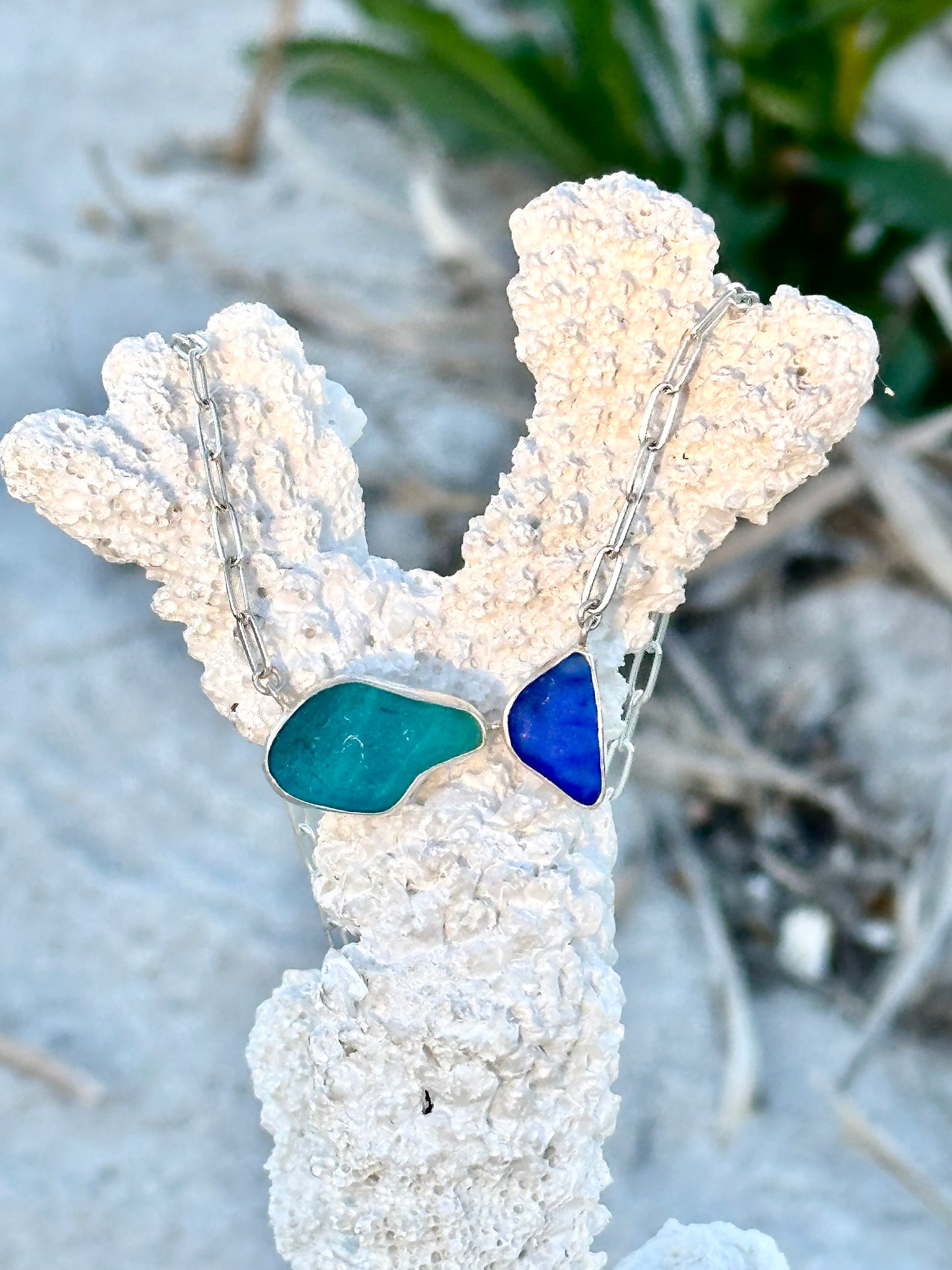 chunky sea glass and sea pottery pendant necklaces (5 choices) with 20" paperclip chain