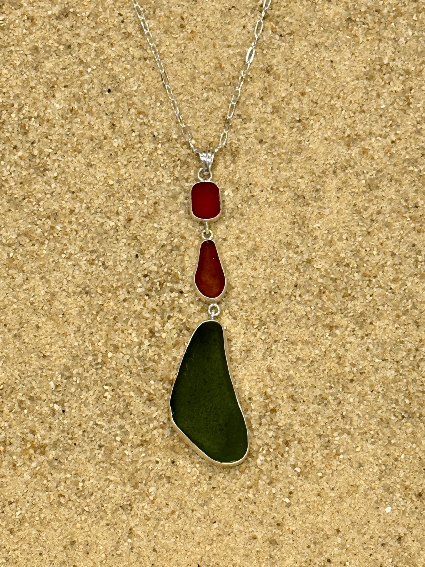 red, amber, green sea glass pendant