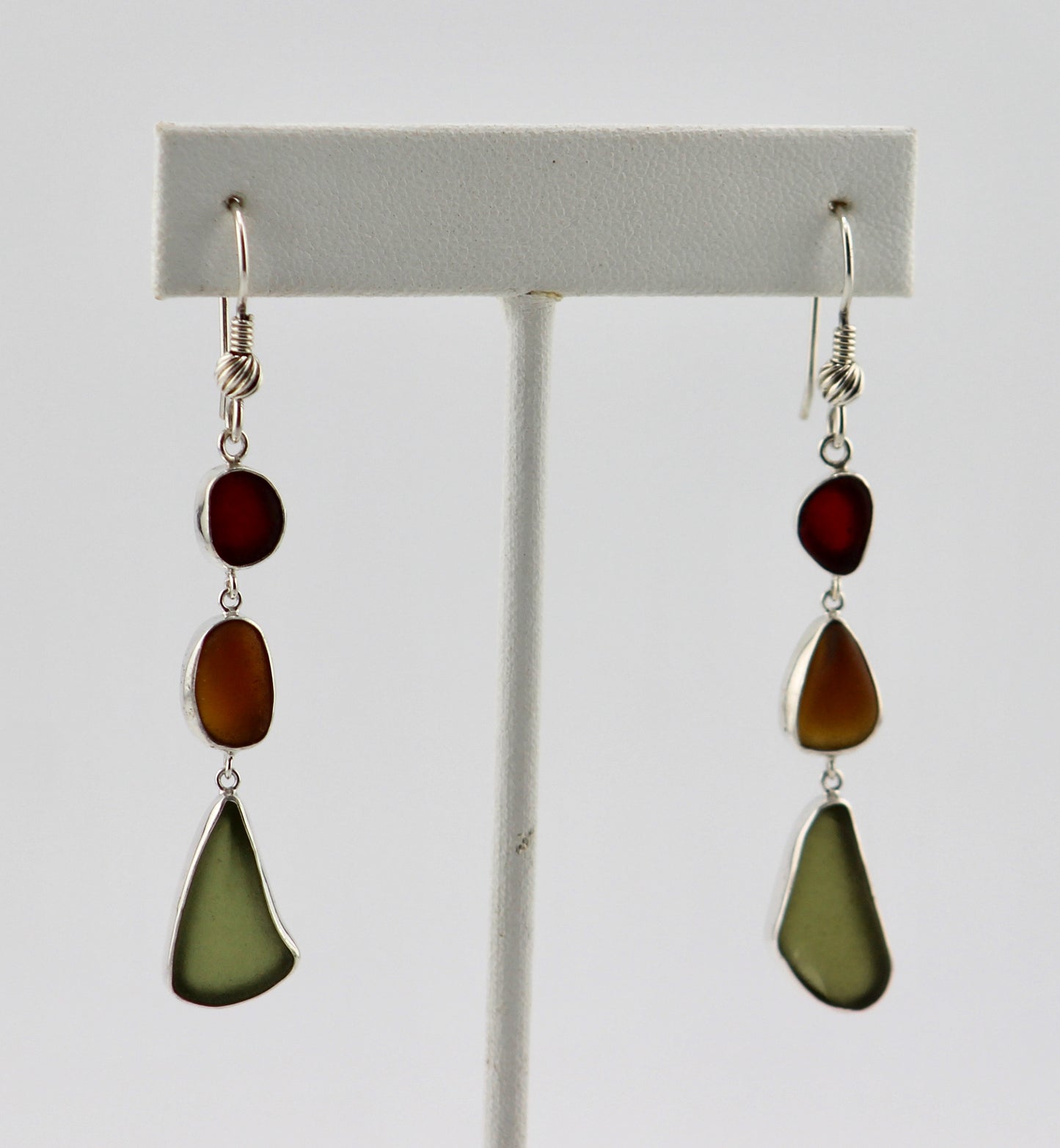red, amber, and olive green sea glass earrings