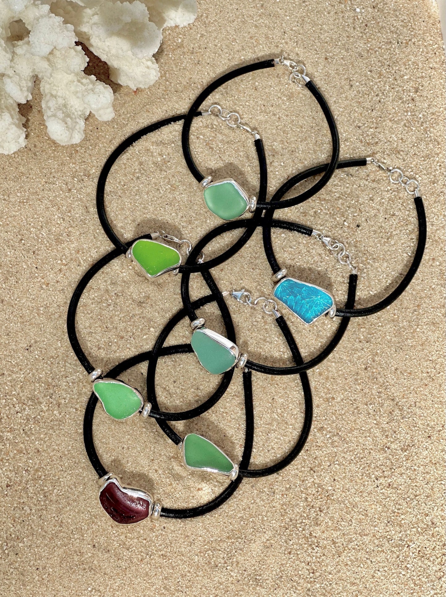 men's black leather cord sea glass bracelet (19 options)