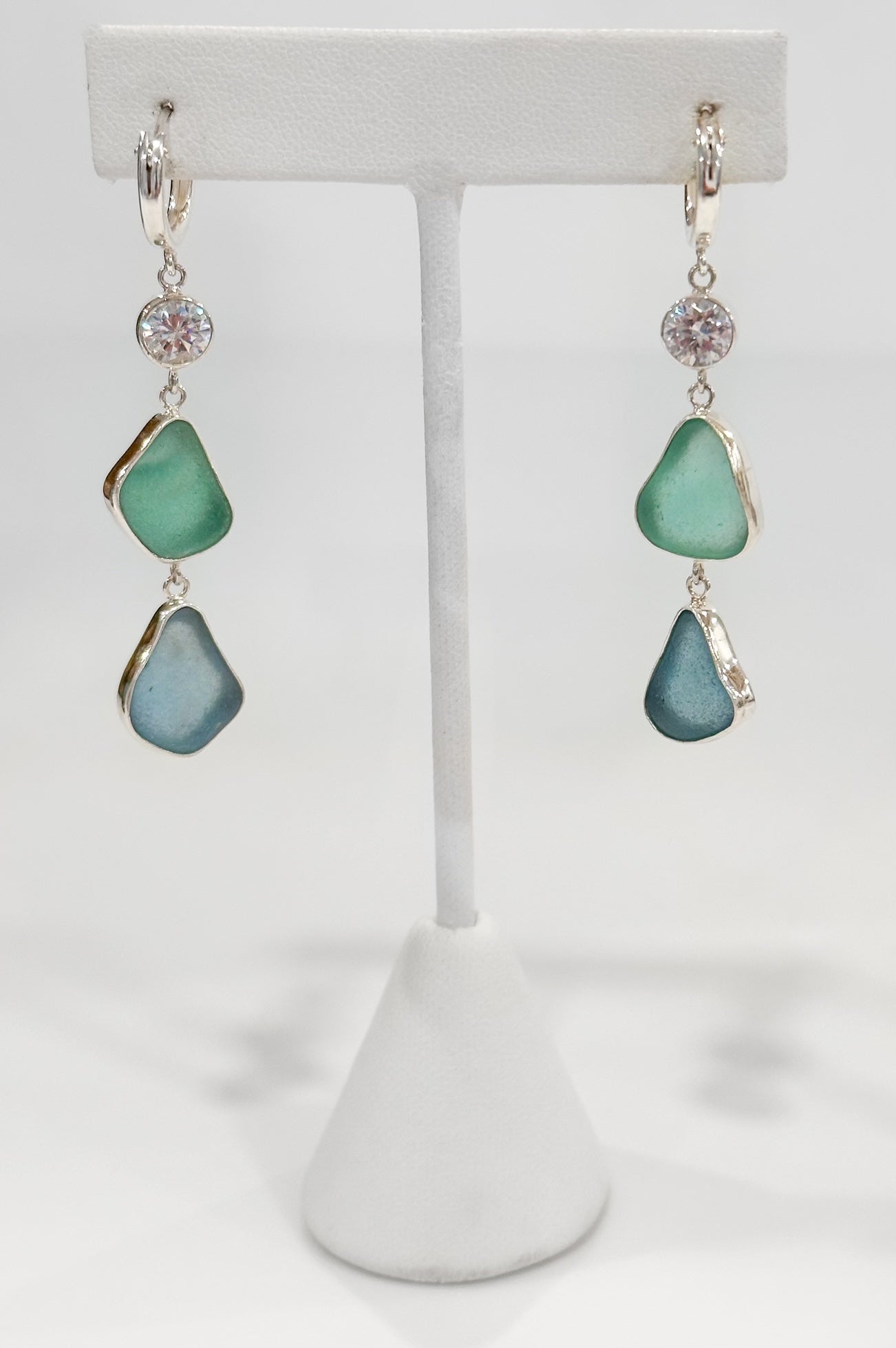 sea foam and cornflower sea glass earrings with cz's