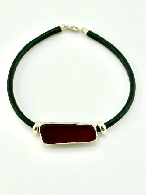 men's black leather cord sea glass bracelet (19 options)
