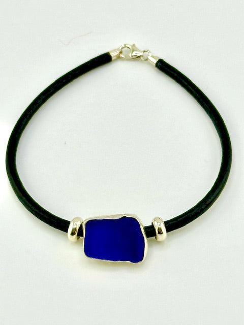 men's black leather cord sea glass bracelet (19 options)