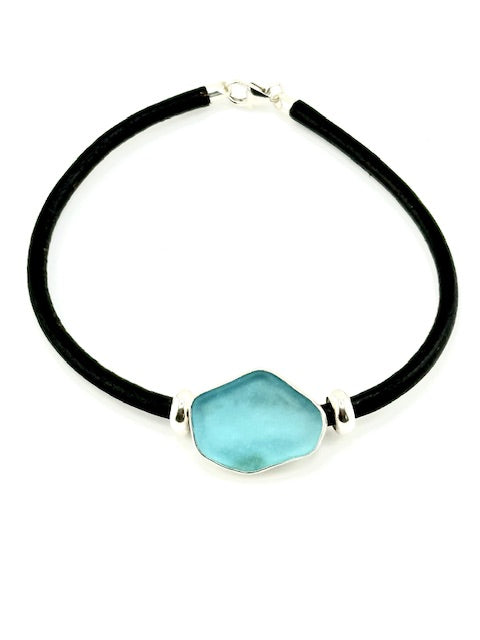 men's black leather cord sea glass bracelet (19 options)