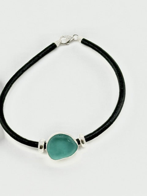 men's black leather cord sea glass bracelet (19 options)