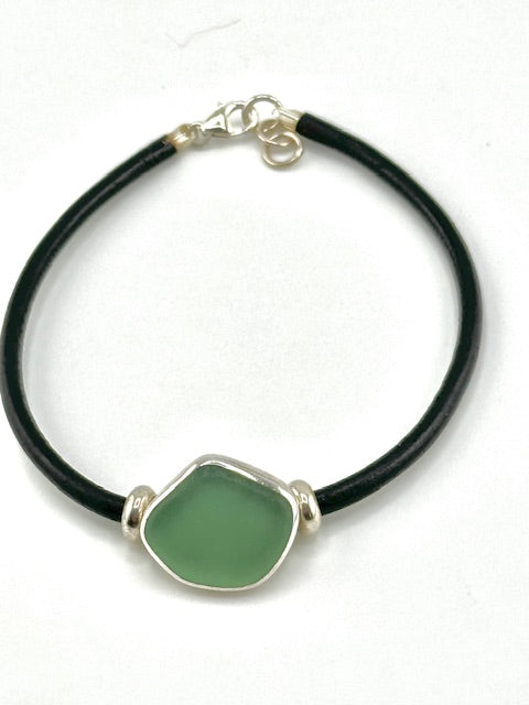 men's black leather cord sea glass bracelet (19 options)