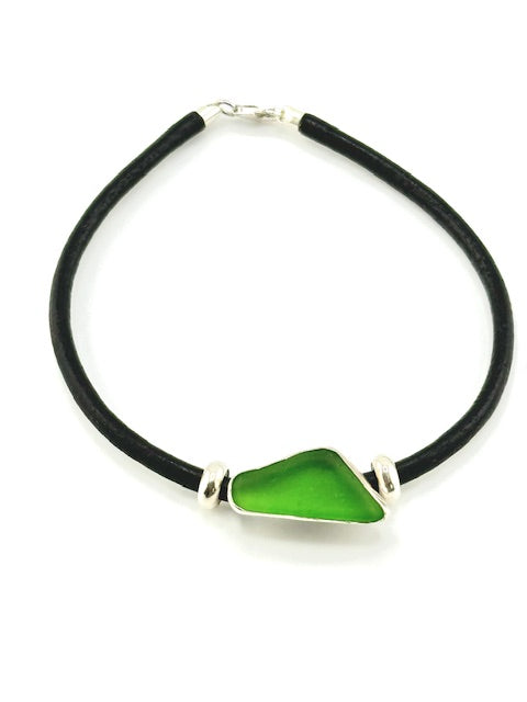 men's black leather cord sea glass bracelet (19 options)