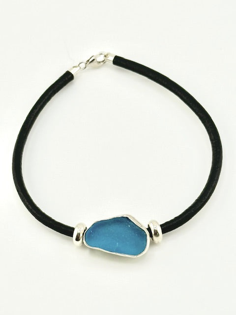 men's black leather cord sea glass bracelet (19 options)