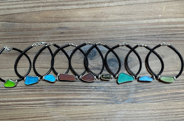 men's black leather cord sea glass bracelet (19 options)