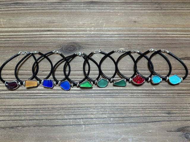 men's black leather cord sea glass bracelet (19 options)