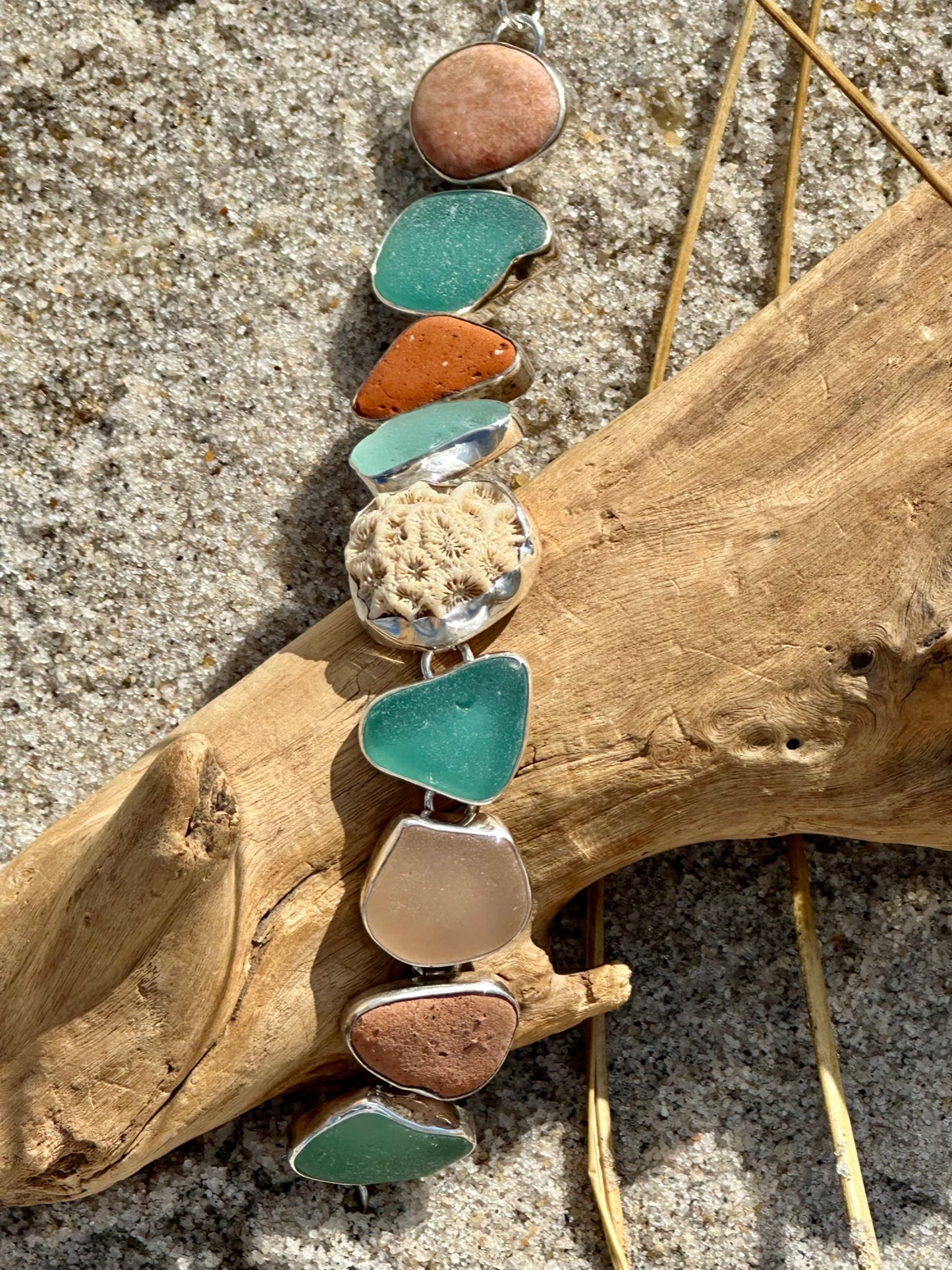 aqua and peach sea glass bracelet with coral and sea bricks