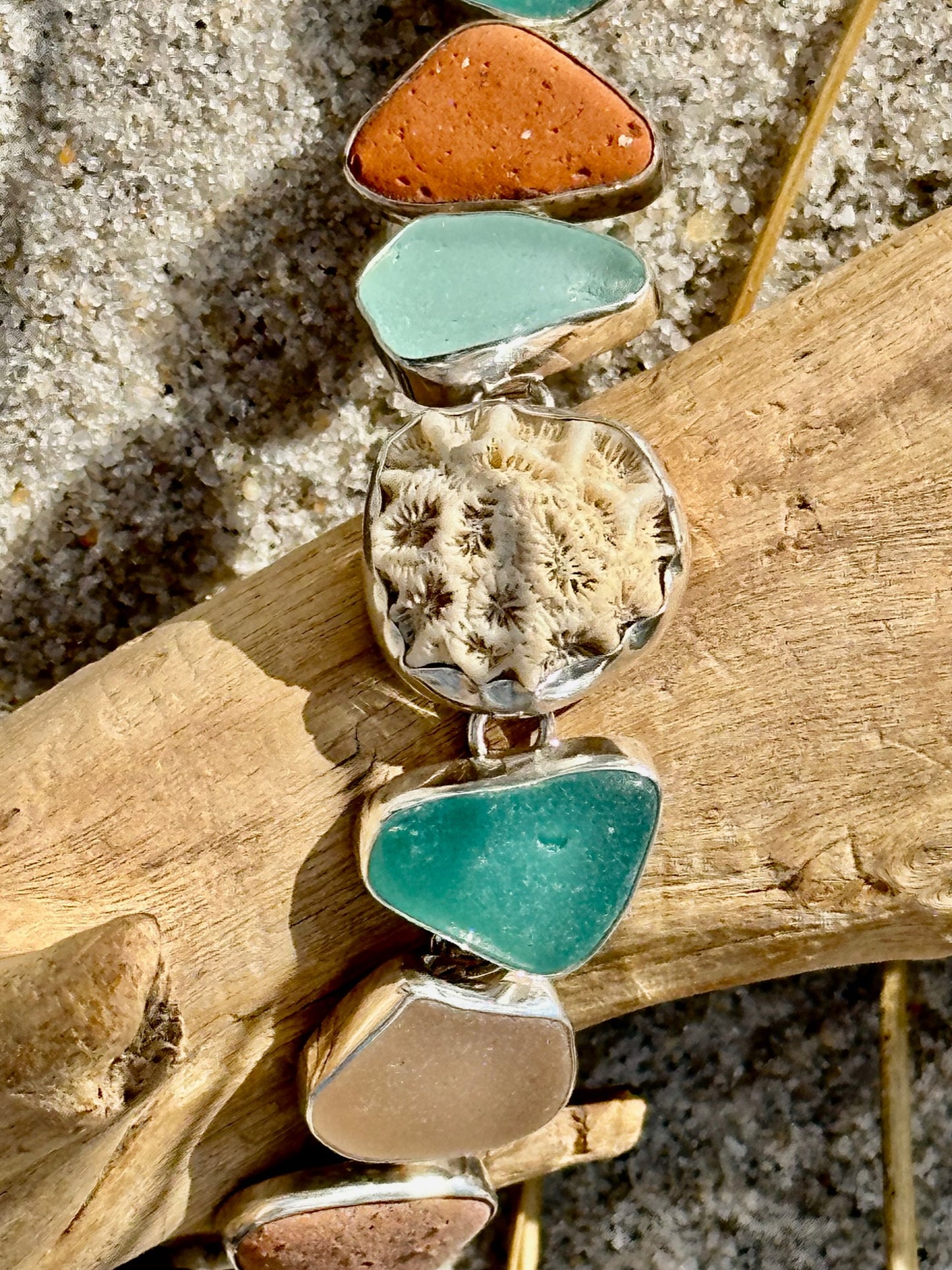 aqua and peach sea glass bracelet with coral and sea bricks