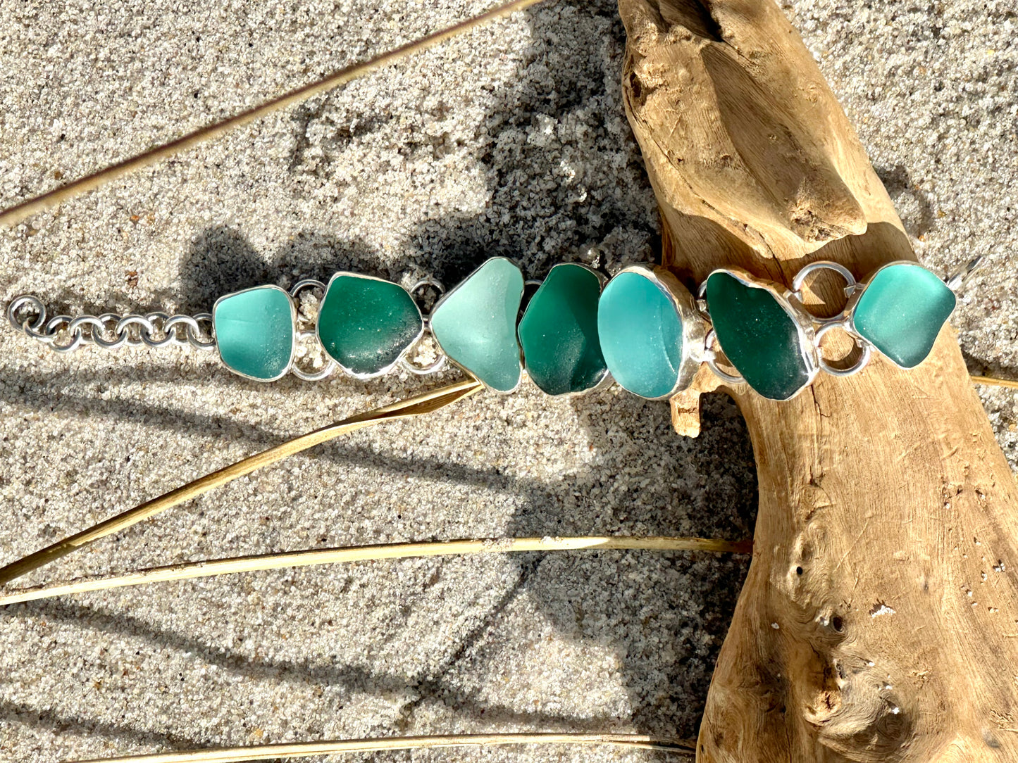 aqua, turquoise, and teal sea glass bracelet