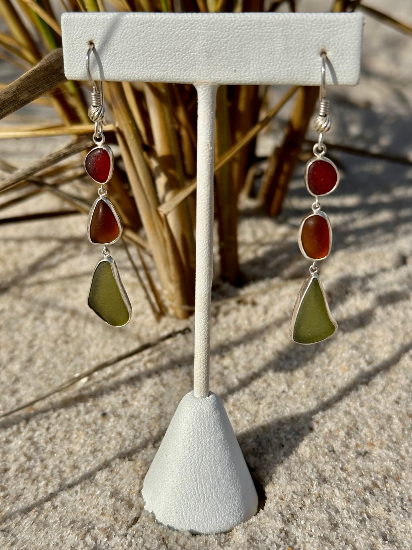 red, amber, and olive green sea glass earrings