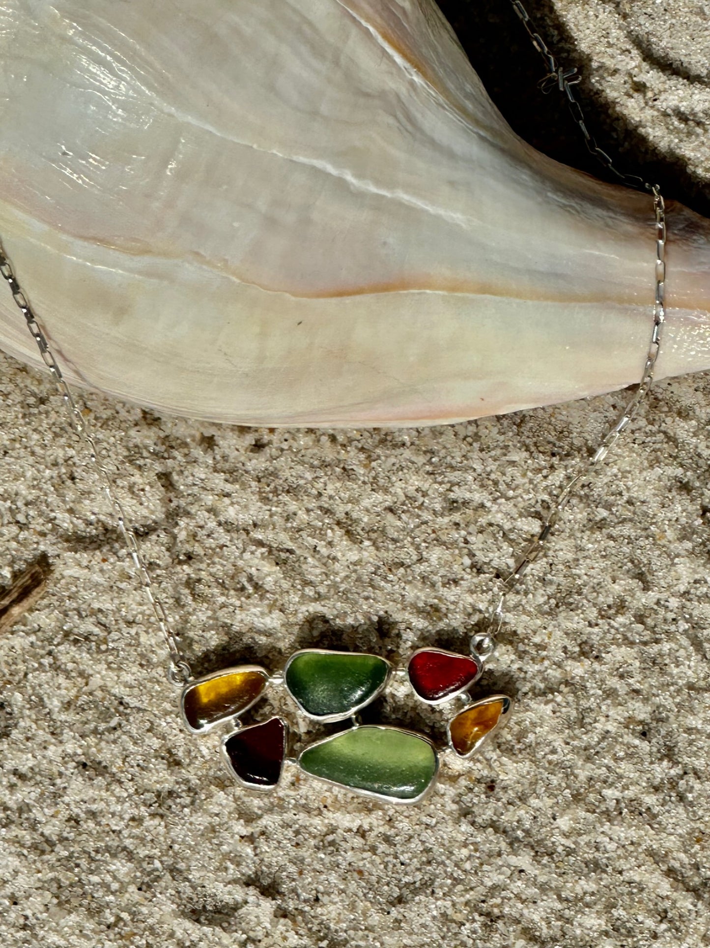 red, green, and yellow sea glass pendant necklace
