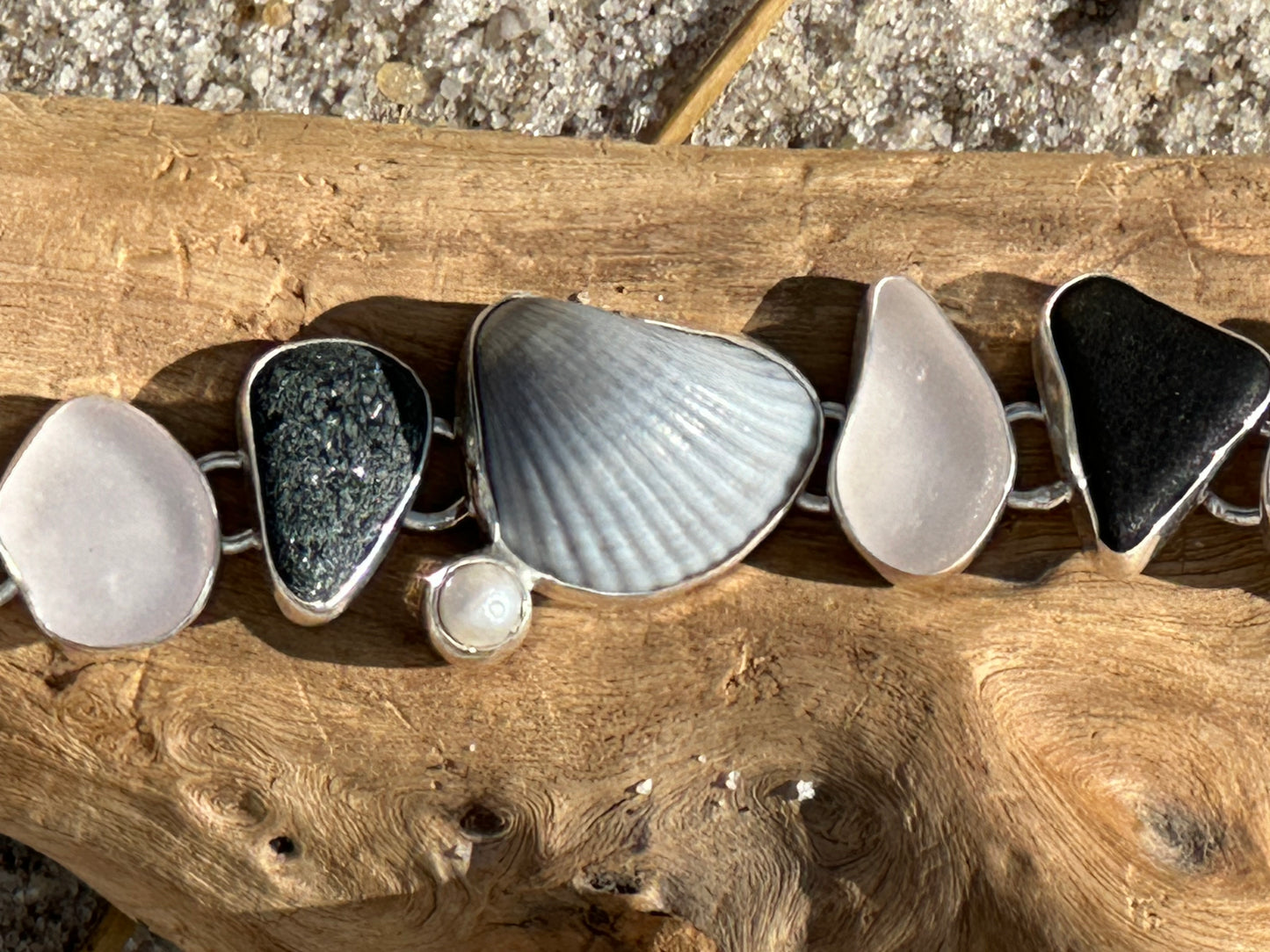 black and pink sea glass, shells and beach stone bracelet