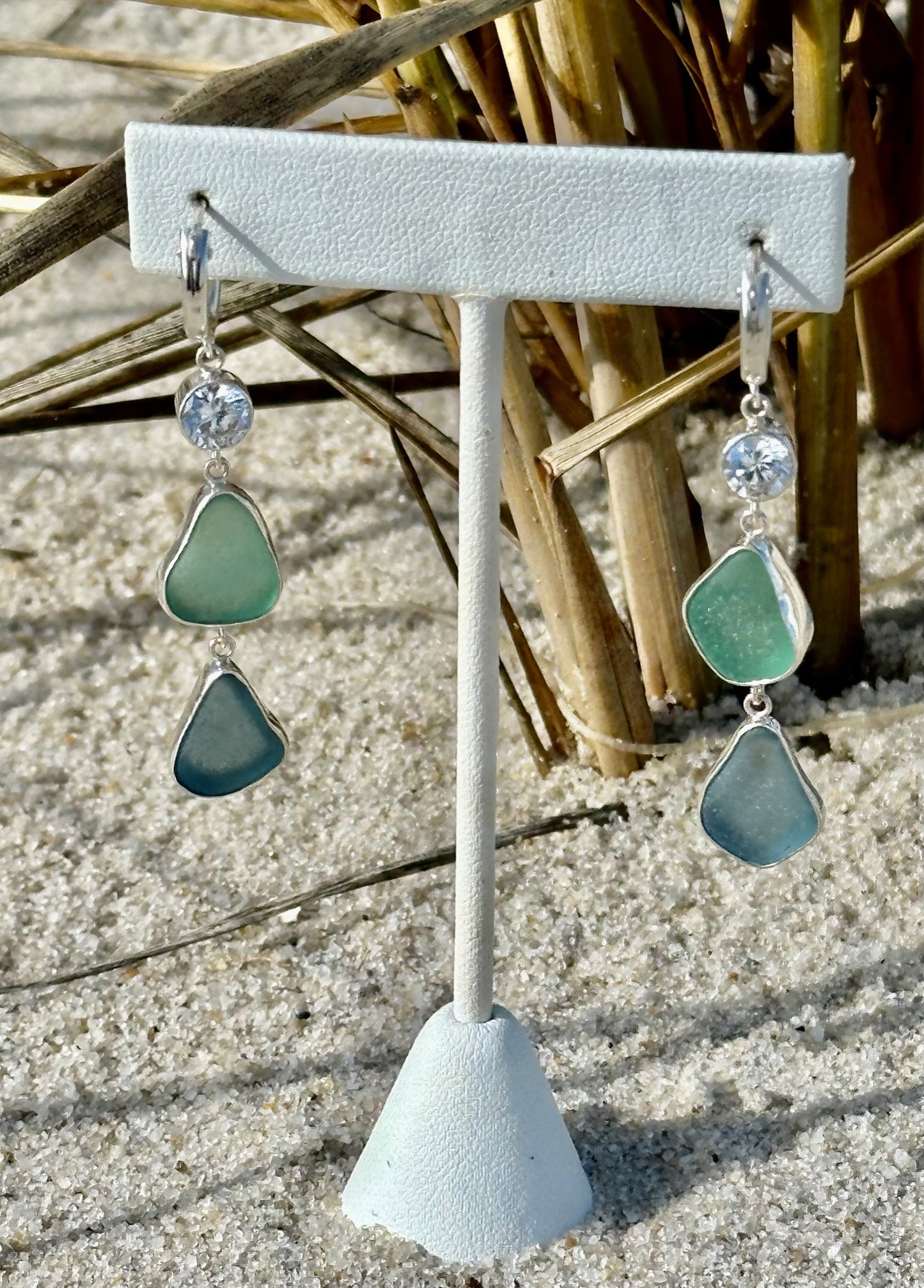 sea foam and cornflower sea glass earrings with cz's