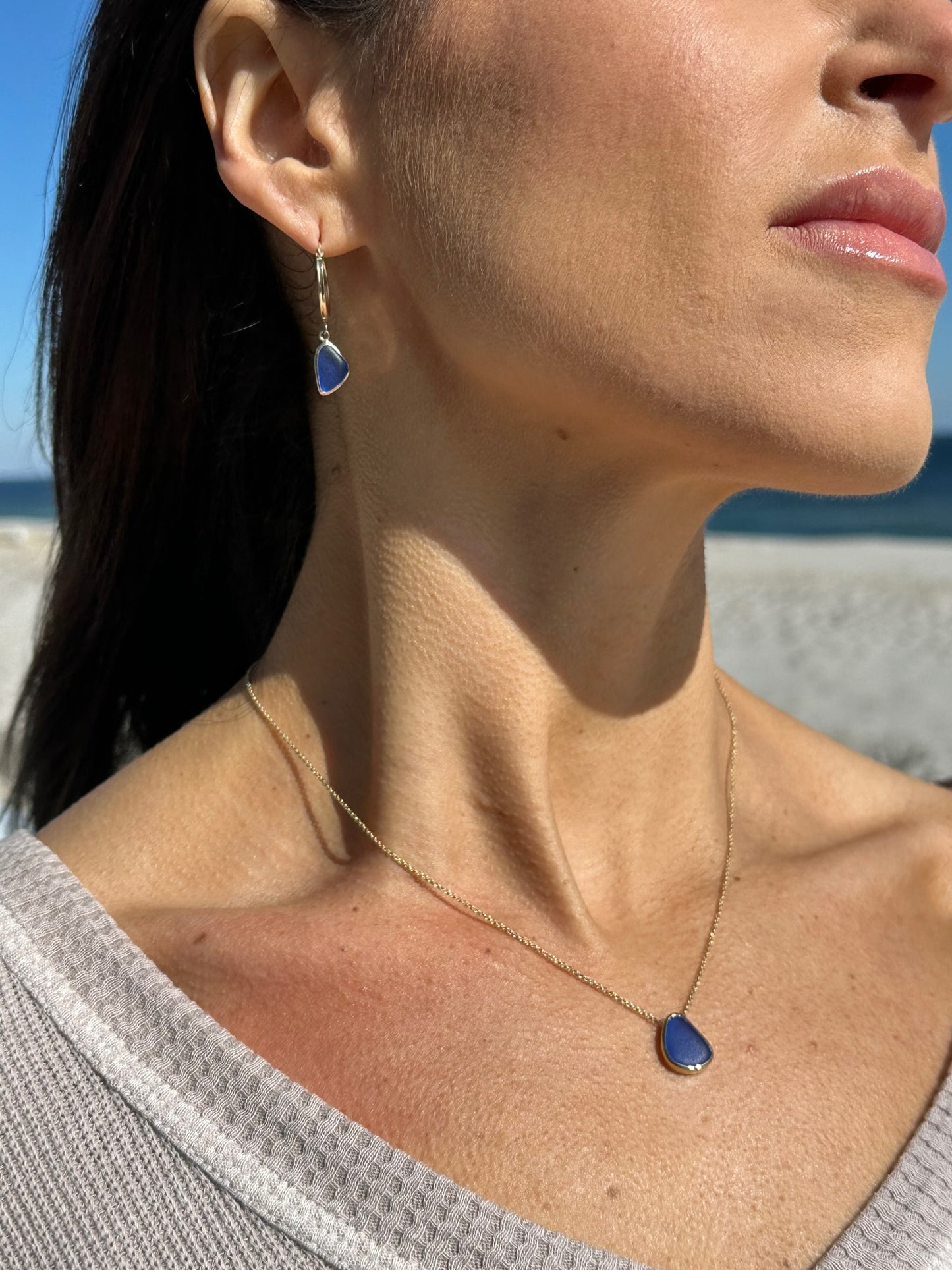 cobalt blue sea glass 14k gold hoop earrings