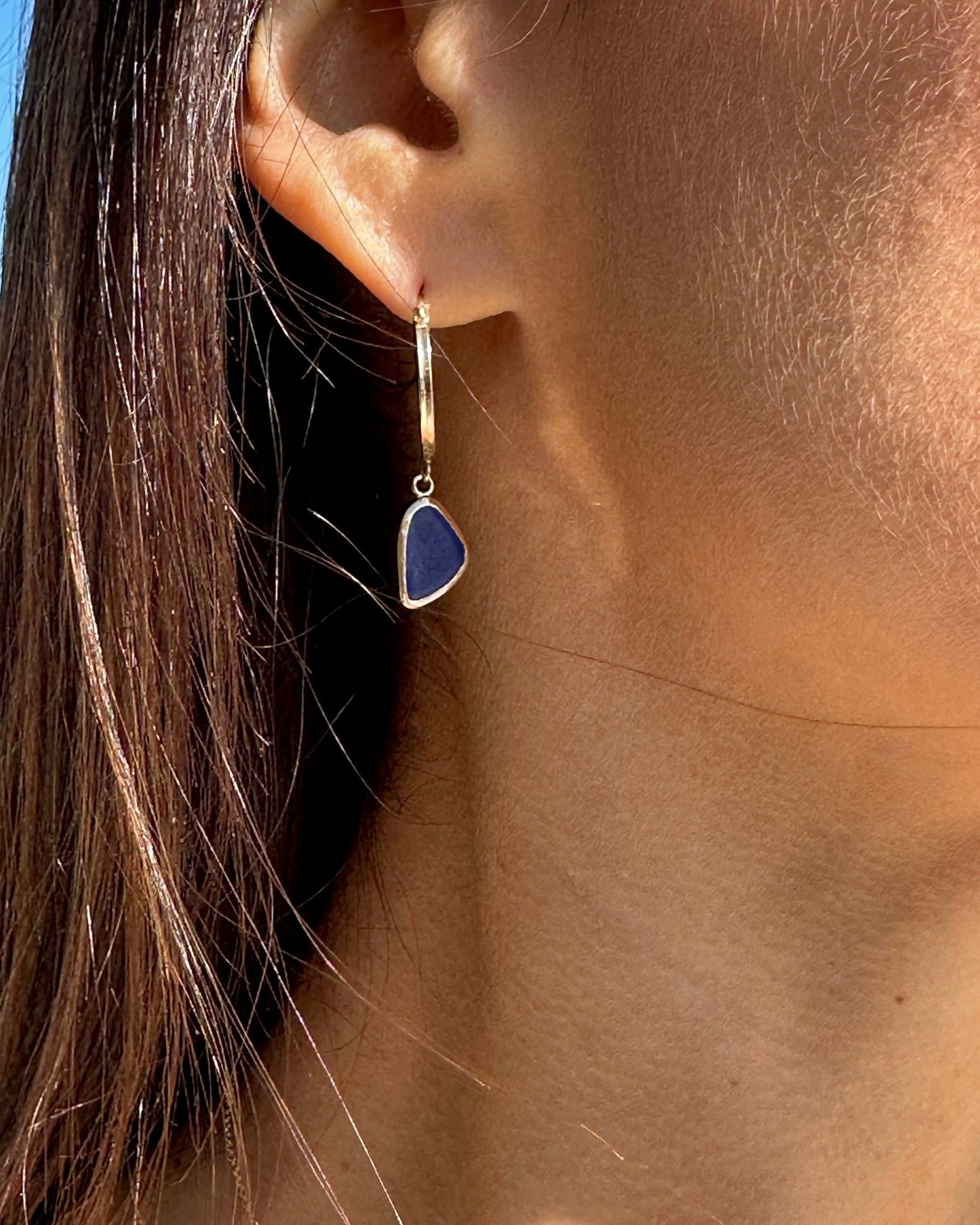cobalt blue sea glass 14k gold hoop earrings