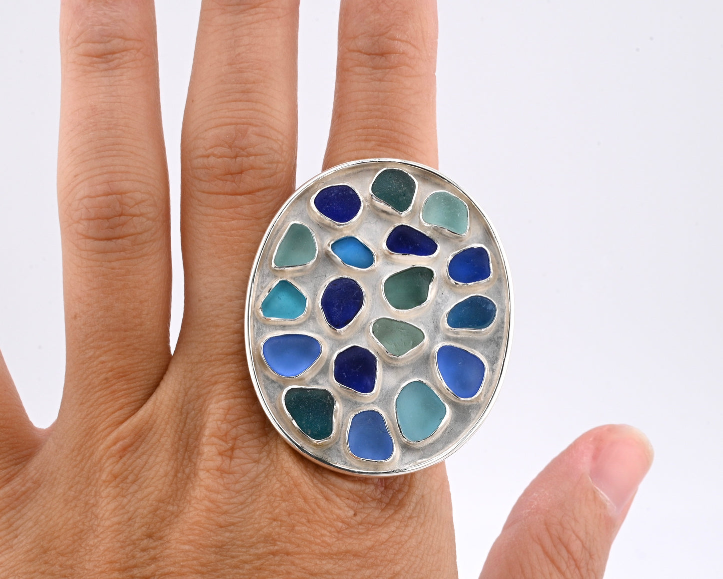 50 shades of turquoise, blue, and green tray ring
