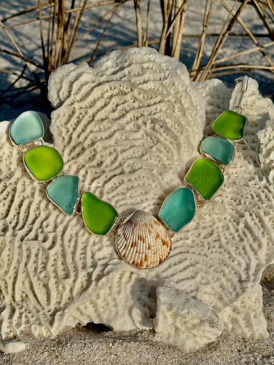 lime and aqua sea glass necklace with shell