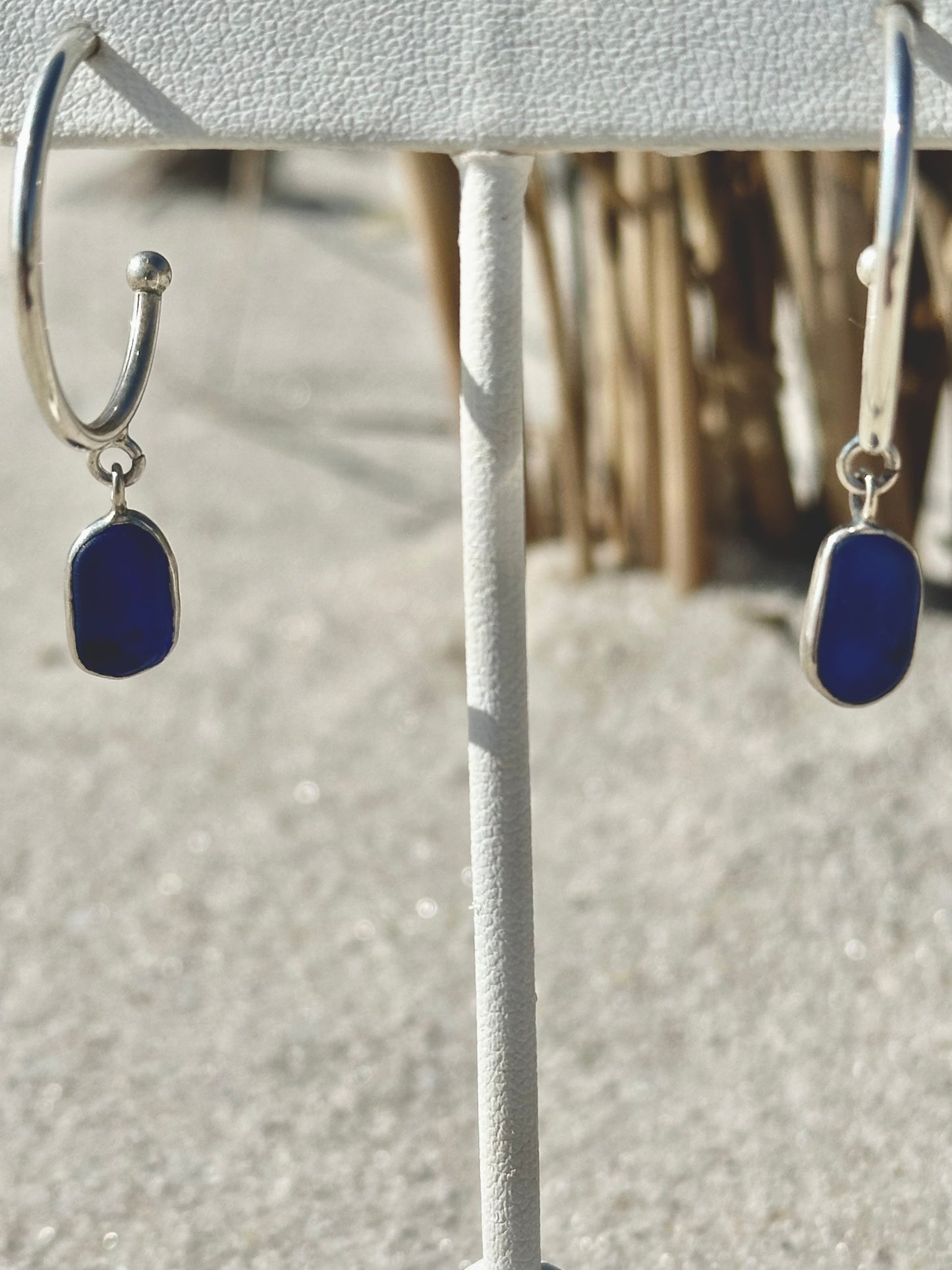 cobalt blue sea glass hoop earrings #1