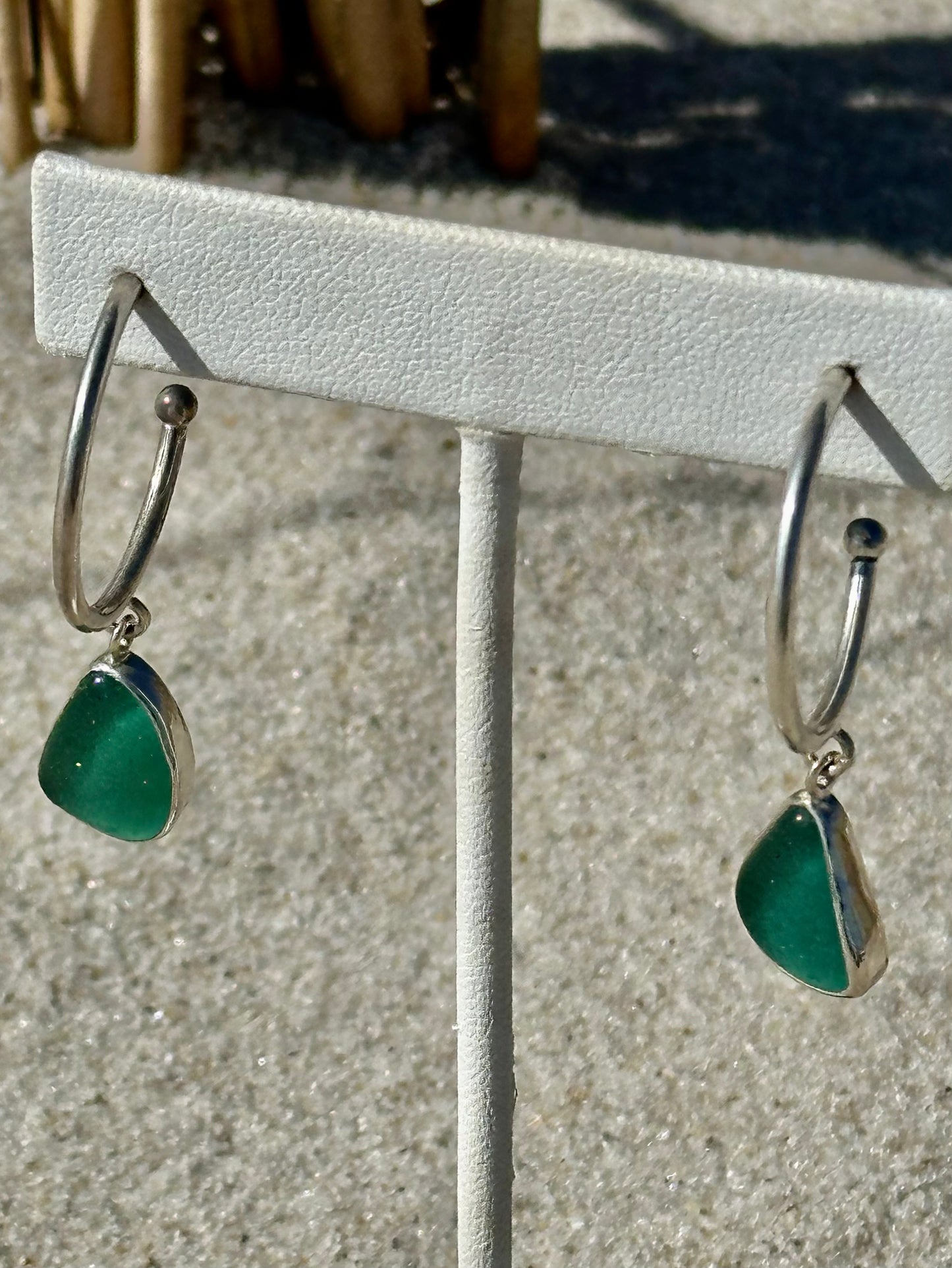 teal sea glass hoop earrings