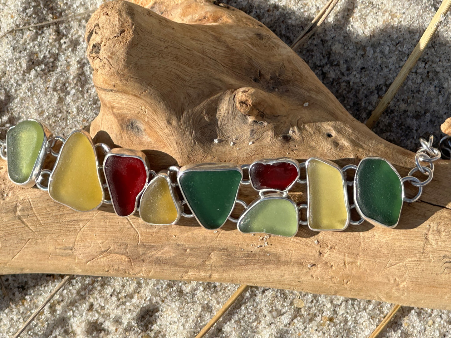 red, green, sea foam, and yellow sea glass bracelet