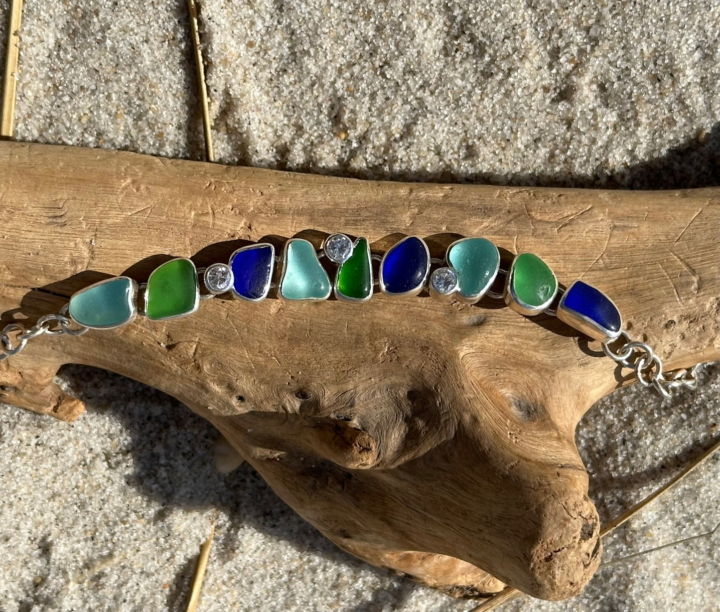 aqua, green, and cobalt sea glass bracelet with cz's